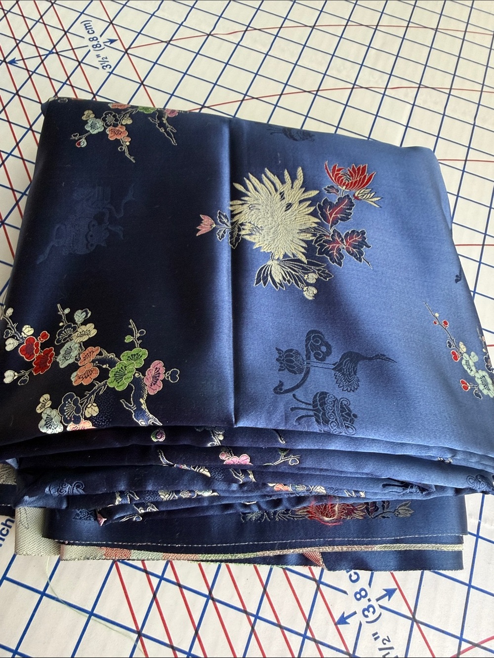 Vintage 1950s 60s Asian Brocade Satin Fabric Navy Floral Crane 4.75 Yds x 36